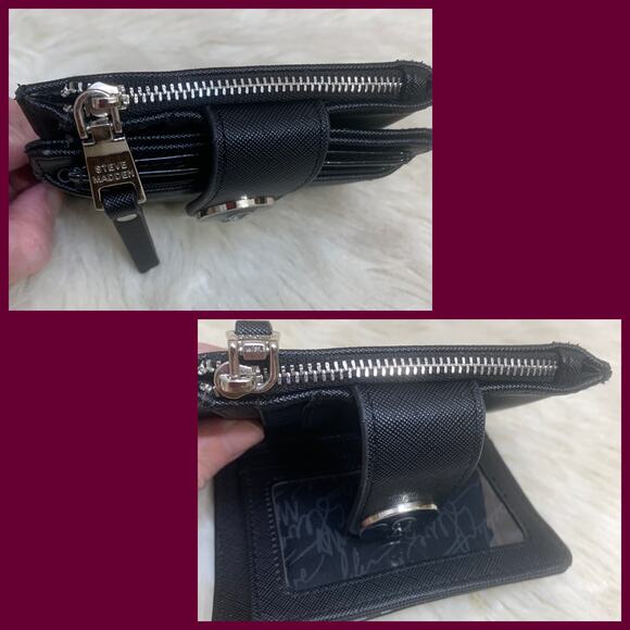 STEVE MADDEN Black Cross Grain Vegan Leather JADYN Bifold Wallet w/ ID Card Case - Picture 10 of 13